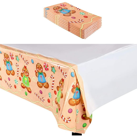 Gingerbread Man Plastic Tablecloth for Christmas Party (54 x 108 In, 6 Pack)