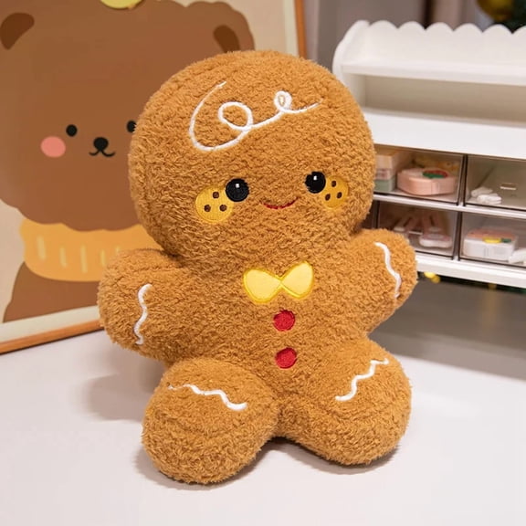 Gingerbread Man Plush Toy, Soft Stuffed Cookie Doll with Bow Tie, Cute Christmas Holiday Decor & Gift for Kids