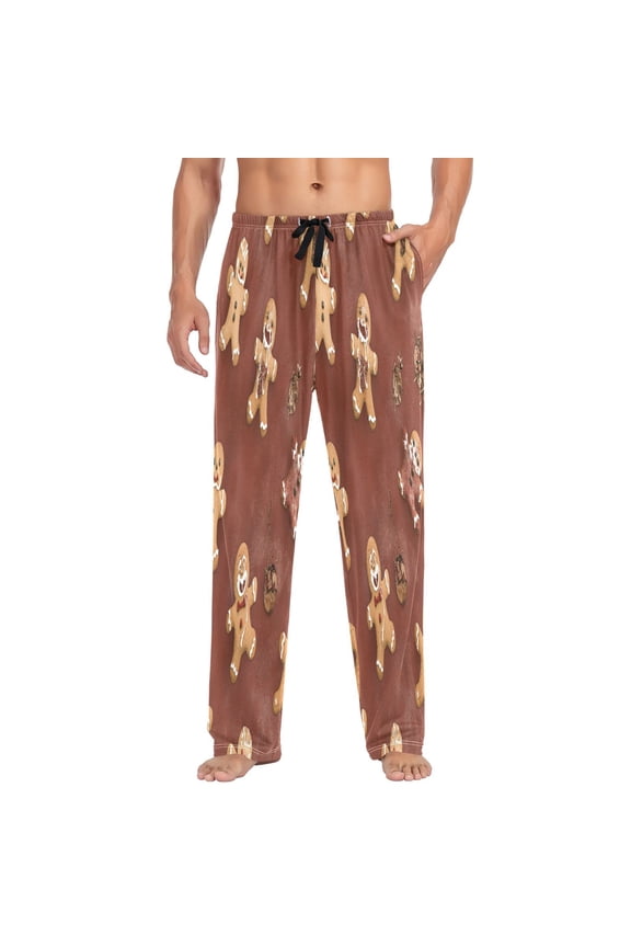 Gingerbread Man Repeat Pattern Mens Cotton Pajama Pants Long Staple Lightweight Sleep Bottoms with Pockets Breathable
