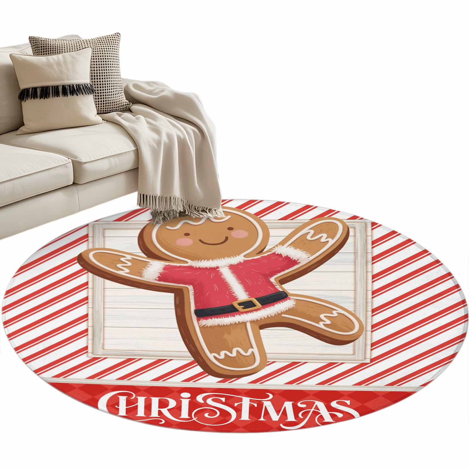 Gingerbread Man Round Area Rug 4ft Christmas Cute Red Striped Merry ...