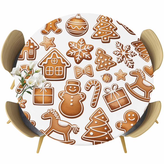 Gingerbread Man Round Tablecloth, Fitted Table Cover with Elastic for 45"-54" Round Tables, Snowflakes Xmas Trees Candy Winter Table Cloth Outdoor Indoor Dinning Party Waterproof Tablecloths
