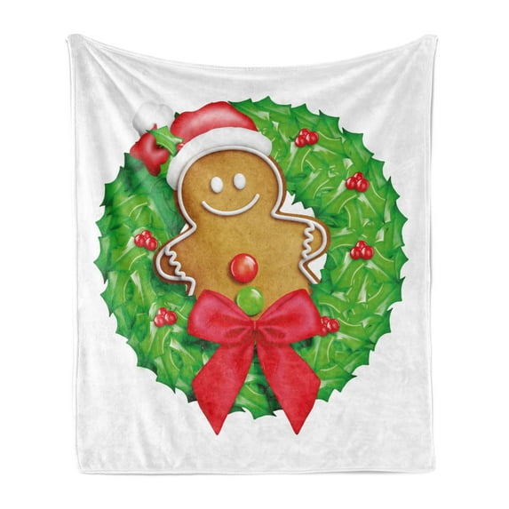 Gingerbread Man Soft Flannel Fleece Blanket, Cartoon Christmas Wreath with Gingerbread Man Funny Happy Season, Cozy Plush for Indoor and Outdoor Use, 70" x 90", Green Red Pale Brown, by Ambesonne