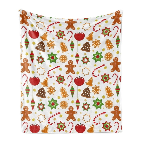 Gingerbread Man Soft Flannel Fleece Throw Blanket, Christmas Graphic Pattern Star Cookies Apples Bells, Cozy Plush for Indoor and Outdoor Use, 70" x 90", Multicolor, by Ambesonne