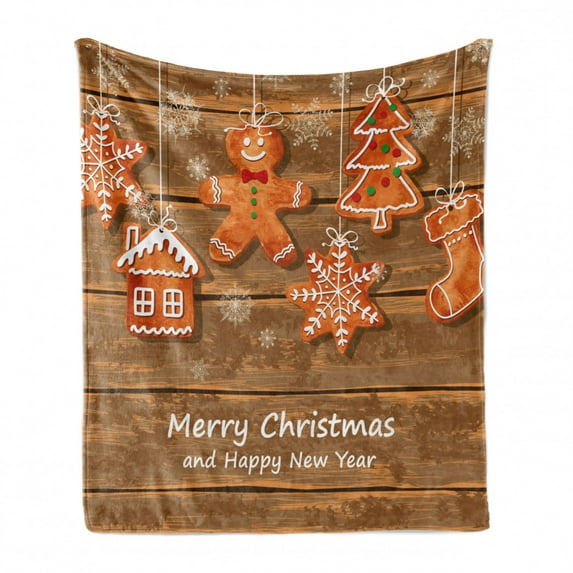 Gingerbread Man Soft Flannel Fleece Throw Blanket, Funny Watercolor Cookies on Wooden Boards Delicious Xmas Pastry, Cozy Plush for Indoor and Outdoor Use, 50" x 60", Brown Orange White, by Ambesonne