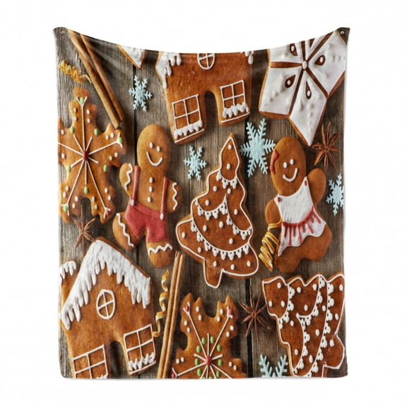 Gingerbread Man Soft Flannel Fleece Throw Blanket, Tasty Looking Traditional Cookies Little Snowflakes Cinnamon, Cozy Plush for Indoor and Outdoor Use, 50" x 60", Umber Pale Brown White, by Ambesonne