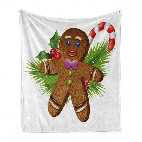 Gingerbread Man Soft Flannel Fleece Throw Blanket, Tasty Pastry on Coniferous Branches Candy Cane and Holly Berry, Cozy Plush for Indoor and Outdoor Use, 50" x 70", Brown Green Red, by Ambesonne