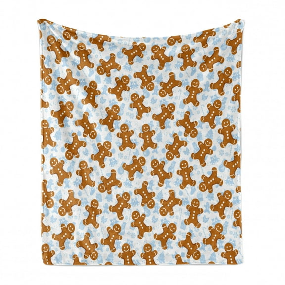 Gingerbread Man Soft Flannel Fleece Throw Blanket, Traditional Christmas Cookie Pattern Tile, Cozy Plush for Indoor and Outdoor Use, 60" x 80", Pale Caramel Baby Blue, by Ambesonne