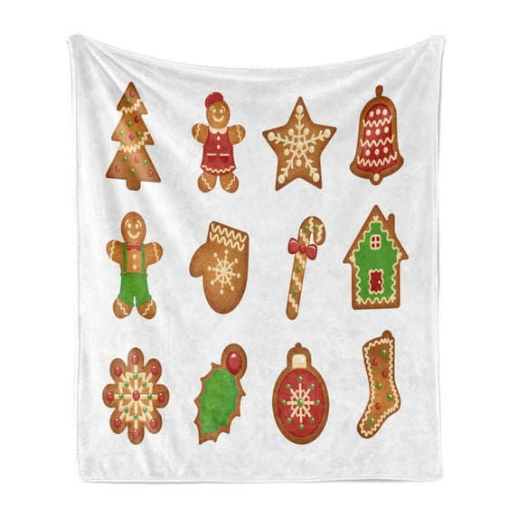 Gingerbread Man Soft Flannel Fleece Throw Blanket, Various Biscuits in Different Shapes Delicious Bakery Goodies, Cozy Plush for Indoor and Outdoor Use, 60" x 80", Pale Brown Green Red, by Ambesonne