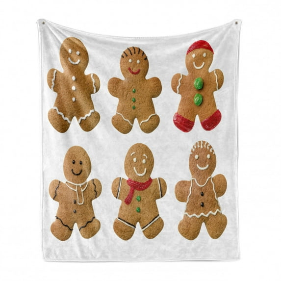 Gingerbread Man Soft Flannel Fleece Throw Blanket, Vivid Homemade Biscuits Sugary Xmas Treats Tasty Pastry, Cozy Plush for Indoor and Outdoor Use, 60" x 80", Pale Brown Red Green, by Ambesonne