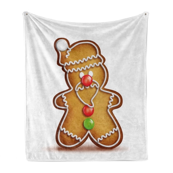 Gingerbread Man Soft Flannel Fleece Throw Blanket, Whimsical Cartoon Santa Gingerbread Man with Bonbon Candies, Cozy Plush for Indoor and Outdoor Use, 50" x 60", Pale Brown Red Green, by Ambesonne