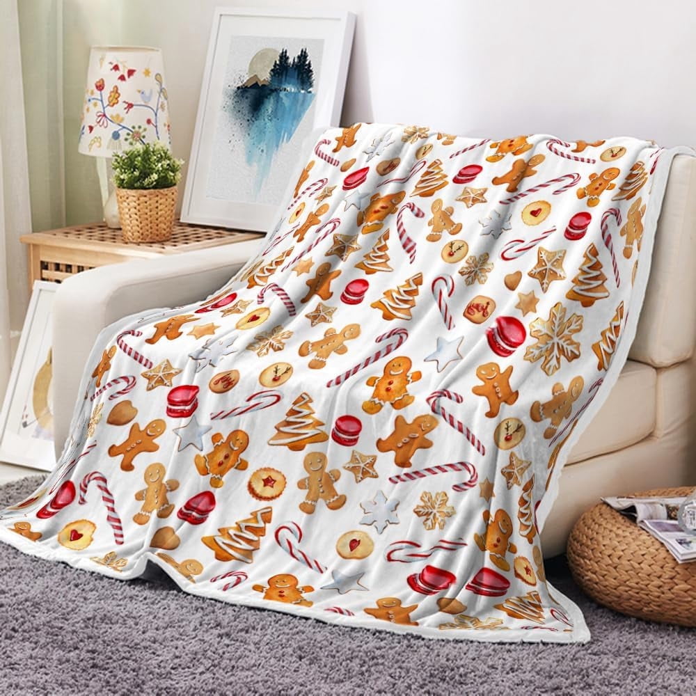 Gingerbread Man Soft Flannel Throw Blanket, Cute White Xmas Candy Cane ...