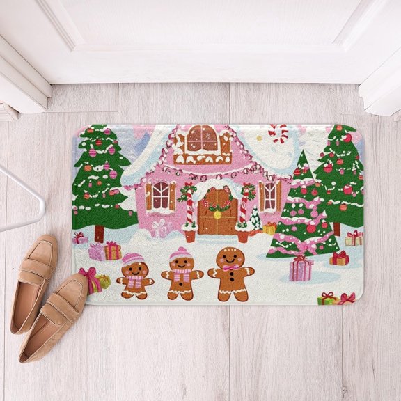 Gingerbread Man Soft Fleece Door Mat Winter Christmas Cookie House Polyester Non Slip Bathroom Floor Rug Indoor Doormat 16x24 Inch