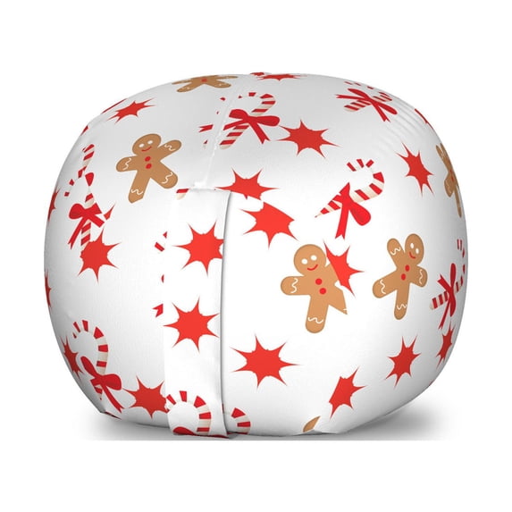 Gingerbread Man Storage Toy Bag Chair, Candy Cane Bowties Red Star Christmas Cookie Pattern, Stuffed Animal Organizer Washable Bag, Small Size, Sand Brown Orange, by Ambesonne