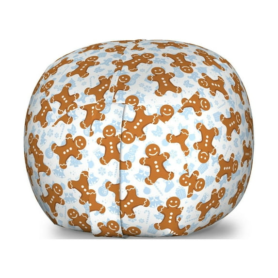 Gingerbread Man Storage Toy Bag Chair, Traditional Christmas Cookie Pattern Tile, Stuffed Animal Organizer Washable Bag, Small Size, Pale Caramel Pale Blue, by Ambesonne