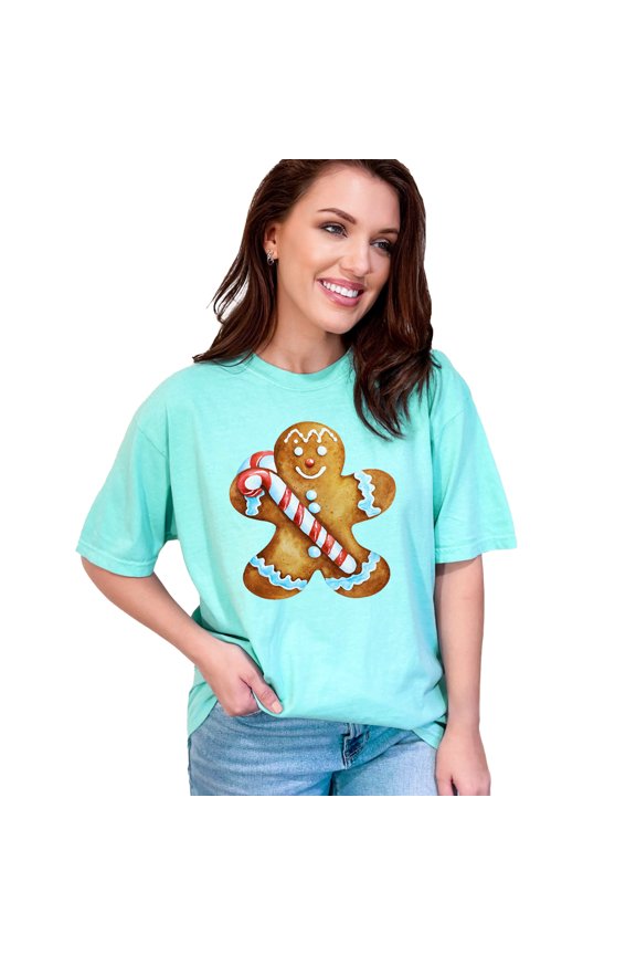 Gingerbread Man T-Shirt, Christmas Candy Cane Tee, Holiday Graphic Shirt, Festive Ginger Cookie, Cute Winter Apparel, Xmas Gift Idea, Chalky Mint Comfort Colors T-Shirt, Large