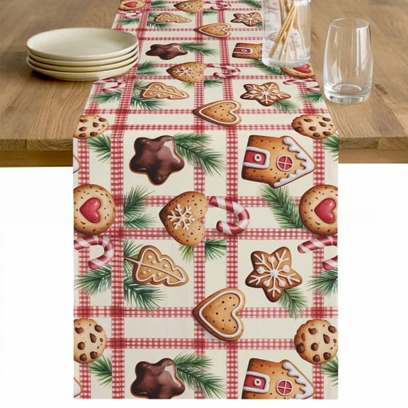 Gingerbread Man Table Runner 48 Inches Long Farmhouse Dress Scarves, Christmas Pine Needles Cookies Plaid Dining Tablerunner for Coffee Table/Kitchen Island/Party Décor, 13" x 48"