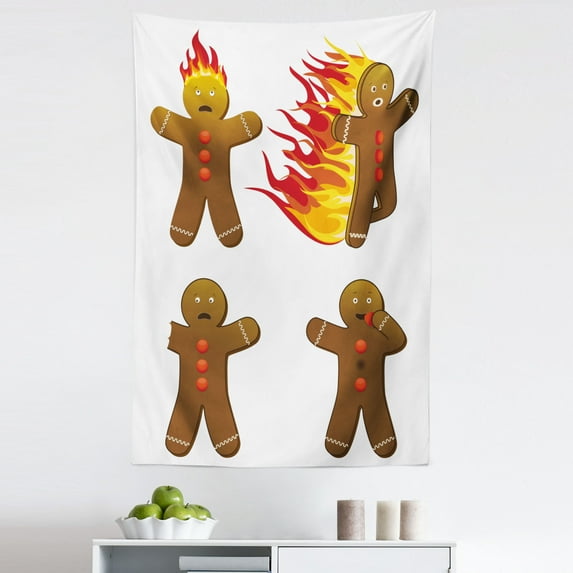 Gingerbread Man Tapestry, Gingerbread Man in Humorous Positions Caught Eaten Art, Fabric Wall Hanging Decor for Bedroom Living Room Dorm, 5 Sizes, Caramel Yellow Red, by Ambesonne