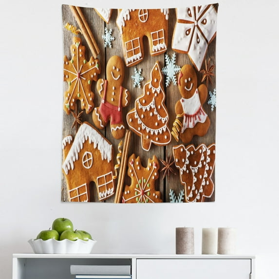 Gingerbread Man Tapestry, Tasty Looking Traditional Cookies Little Snowflakes Cinnamon, Fabric Wall Hanging Decor for Bedroom Living Room Dorm, 5 Sizes, Umber Pale Brown White, by Ambesonne