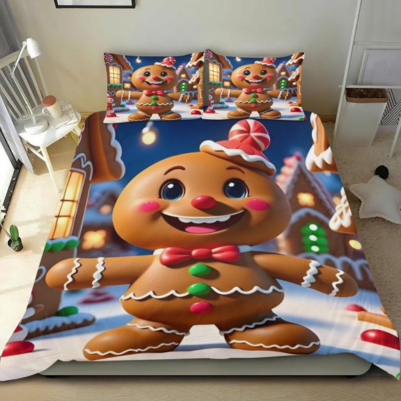 Gingerbread Man Themed Bed Sheet Set Three Piece Set 53x79 Inches Comfortable And Skin Friendly Unique Design Creating A Star Studded Night