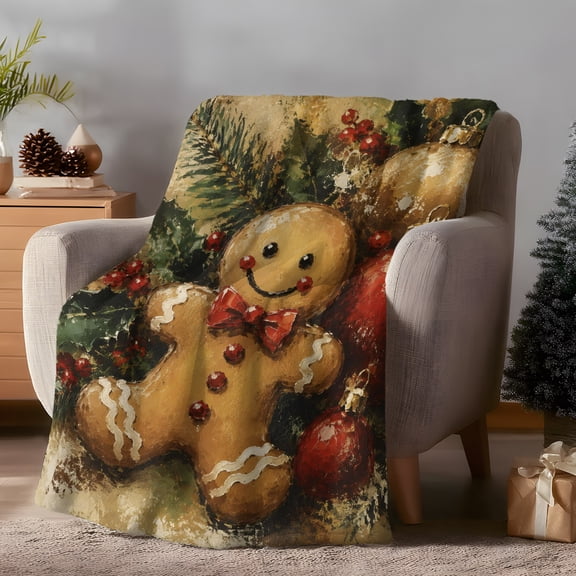 Gingerbread Man Throw Flannel Blanket Rustic Christmas Winter Holly Leaves Oil Painting Super Soft Cozy Bed Blanket, Lightweight Plush Fuzzy Bed Throw for Bedroom Sofa Couch Living Room 30x40in