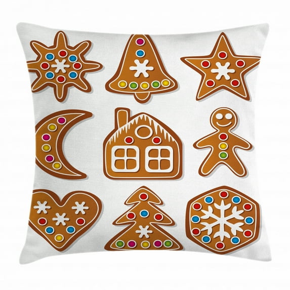 Gingerbread Man Throw Pillow Cushion Cover, Set of Graphic Gingerbread Sugar Biscuits with Colorful Dots and Bonbons, Decorative Square Accent Pillow Case, 20 X 20 Inches, Multicolor, by Ambesonne