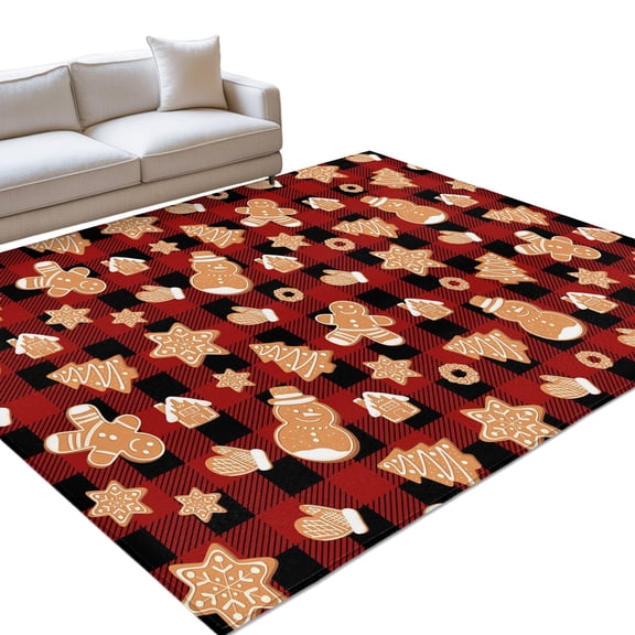 Gingerbread Man Washable Rug 5x7 Area Rug for Living Room Bedroom Non Slip Indoor Floor Rectangle Carpet Low Pile Large Christmas Red Black Buffalo Plaid Xmas Entryway Rugs for Dining Room Office
