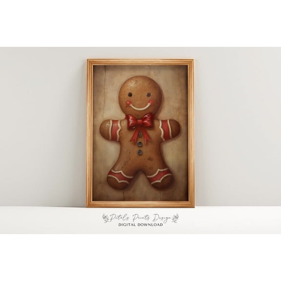 Gingerbread Man Winter Print, Vintage Wall Art Home Decor #1849, Unframed Canvas Size 8x12
