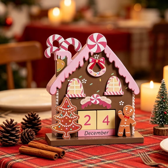 Gingerbread Man Wooden Christmas Countdown Calendar, Reusable Tabletop Advent Decoration with Date Blocks for Mantel, Shelf, Desk, Holiday Party and Xmas Home Decor