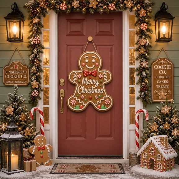 Gingerbread Man Wooden Door Sign for Christmas Entryway Welcome Decor