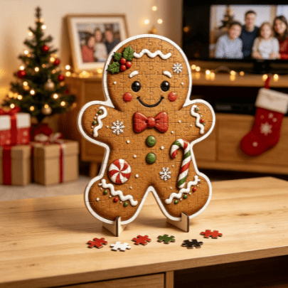 Gingerbread Man Wooden Jigsaw Puzzle for Adults, Colorful Holiday Puzzle (8.2x8.2 Inch) for Anniversary Birthday Gift