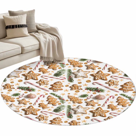 Gingerbread Man Xmas Tree Round Area Rug 4ft Pine Needle Star Candy Non-Slip Washable Circle Rugs Soft Felt Indoor Floor Mat for Bedroom Kitchen Living Room Bathroom