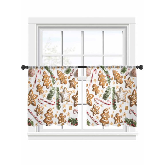 Gingerbread Man Xmas Tree Sheer Curtains 45 inches Long 2 Panels Set Pine Needle Star Candy Christmas Winter Tiers Sheers Rod Pocket Small Window Short Curtains for Kitchen Cafe, Each 52" W x 45" L
