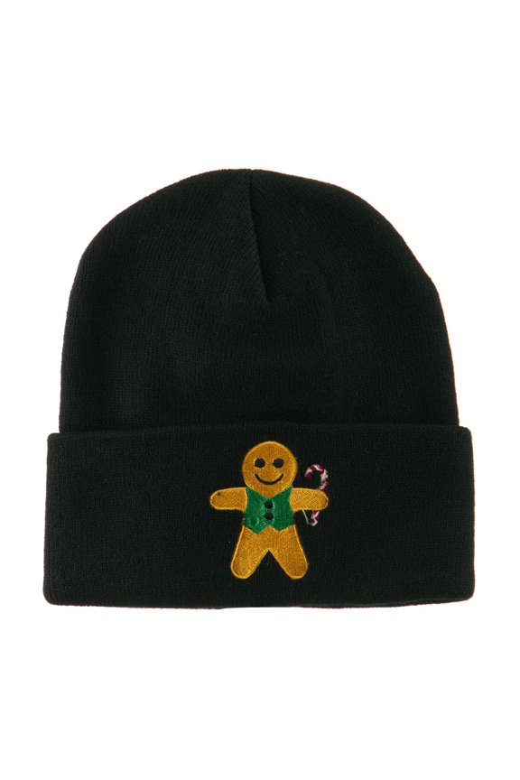 Gingerbread Man with Candy Cane Embroidered Beanie - Black OSFM