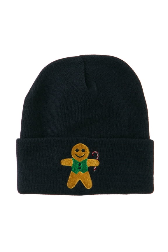 Gingerbread Man with Candy Cane Embroidered Beanie - Navy OSFM