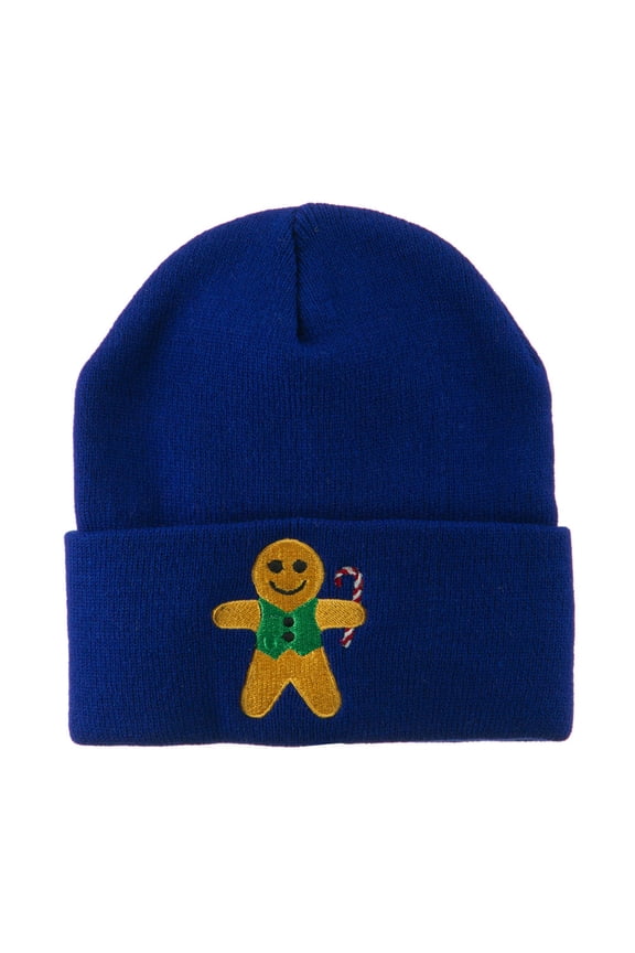 Gingerbread Man with Candy Cane Embroidered Beanie - Royal OSFM