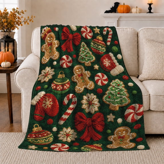 Gingerbread Men with Candy Canes Trees Mittens and Red Bows, Playful Holiday Cookie Style for Christmas Lovers, Cozy Flannel Blanket for Playroom and Family Room, Christmas Gift, Home Decor
