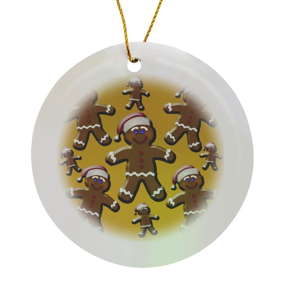 3drose, Gingerbread Men with Santa Claus Hat on a Yellow Background, Circle Porcelain Ornament