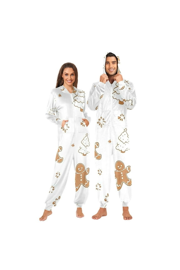 Gingerbread Men and Christmas Adult onesie Pajamas, Crystal Velvet Ultra Soft Warm Jumpsuit for Men and Women