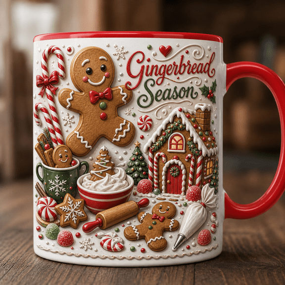 Gingerbread Mug 3D Effect Candy Cane Christmas Coffee Cup Gift for Holiday Cookie Lovers
