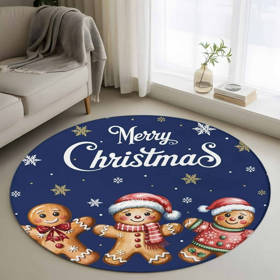 Gingerbread Navy Blue Round Area Rug 3.3Ft Washable Circle Rugs for Dining Room Table, Christmas Winter Snowflake Non-Slip Carpet Floor Mats Indoor Outdoor Carpet Runner Aesthetic Home Decor