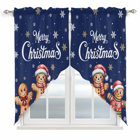Gingerbread Navy Blue Swag Valances for Windows, Kitchen Curtains 36 Inch Length 2 Panels Set, Christmas Winter Snowflake Short Curtains for Small Windows Rod Pocket Cafe Curtains Drapes 28"x36"