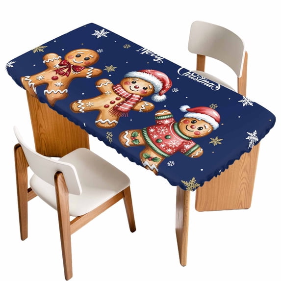 Gingerbread Navy Blue Table Cloths for 3 Foot Rectangle Tables, Christmas Winter Snowflake Patio Waterproof Elastic Fitted Tablecloths, Washable Rectangular Table Cover for Camping