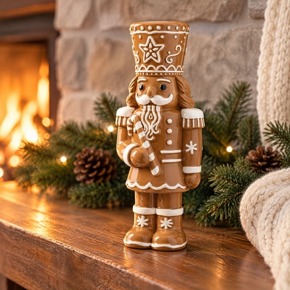 Gingerbread Nutcracker Figurine with Candy Cane, 5.9 Inch Resin Christmas Tabletop Statue, Glossy Cookie Icing Style Holiday Mantel Decor, Farmhouse Christmas Shelf Decoration