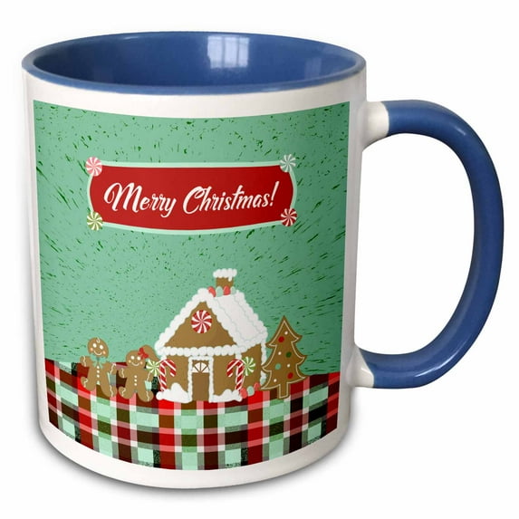 3drose, Gingerbread People and House on Plaid, Merry Christmas, Red, Green, 15oz Two-tone Blue Mug