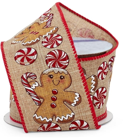 Gingerbread & Peppermints  Christmas Ribbon - 2 1/2" x 10 Yards, Faux Burlap, Red Edge, Wreath, Gift Wrap, Bows, Winter Decorations, Swag, , Gift Basket