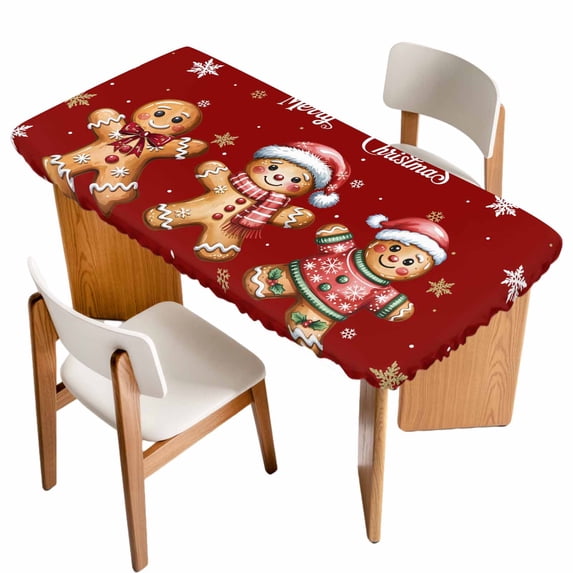Gingerbread Red Table Cloths for 6 Foot Rectangle Tables, Christmas Winter Snowflake Patio Waterproof Elastic Fitted Tablecloths, Washable Rectangular Table Cover for Camping