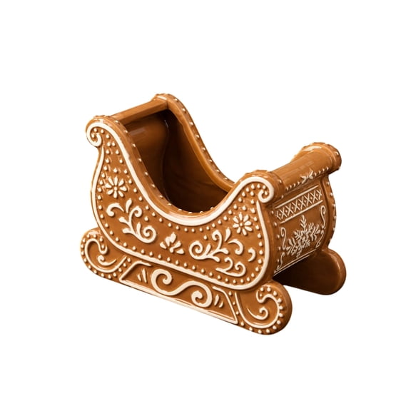 Gingerbread Sleigh Figurine, Resin Embossed White Icing Gingerbread Style Sleigh Basket, Christmas Tabletop Storage & Holiday Decoration
