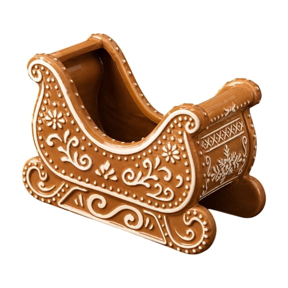 Gingerbread Sleigh Figurine, Resin Embossed White Icing Gingerbread Style Sleigh Basket, Christmas Tabletop Storage & Holiday Decoration