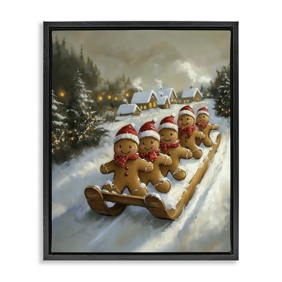 Stupell Industries Gingerbread Snow Day Sledding Black Framed Floater Canvas Wall Art, design by Arlington Prints
