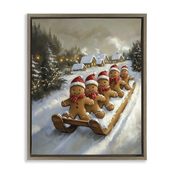 Stupell Industries Gingerbread Snow Day Sledding Brown Framed Floater Canvas Wall Art, design by Arlington Prints